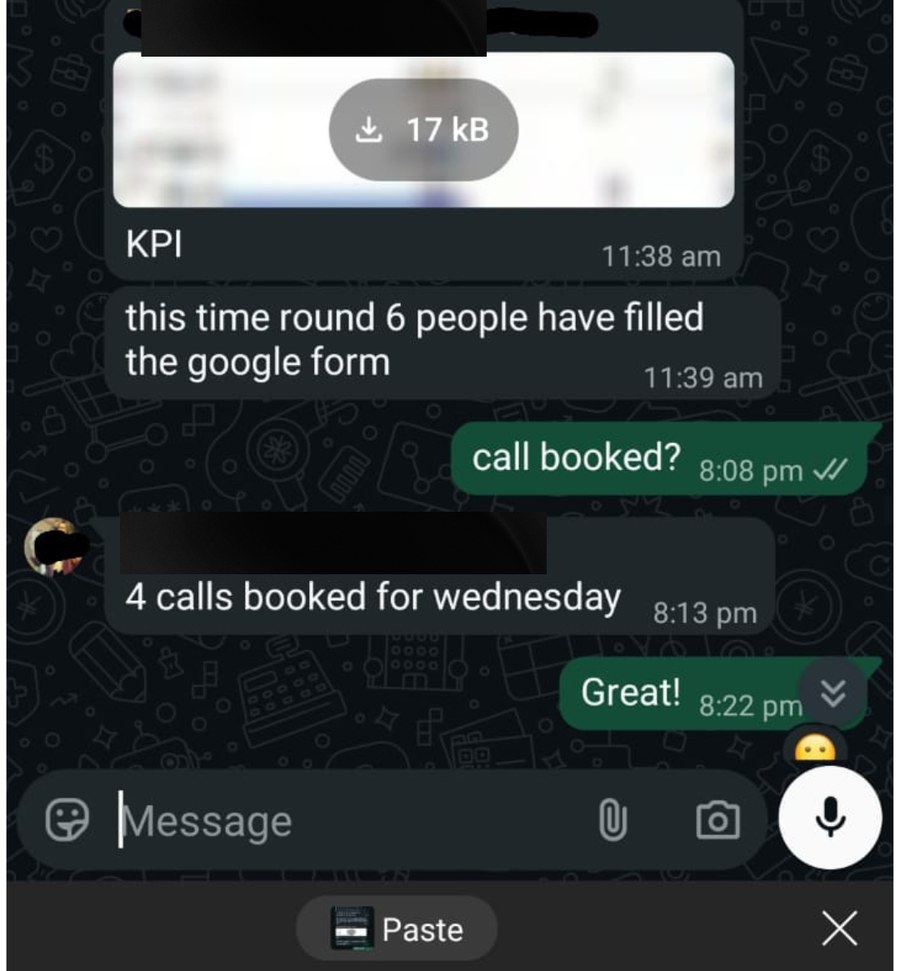 Client message confirming four booked calls